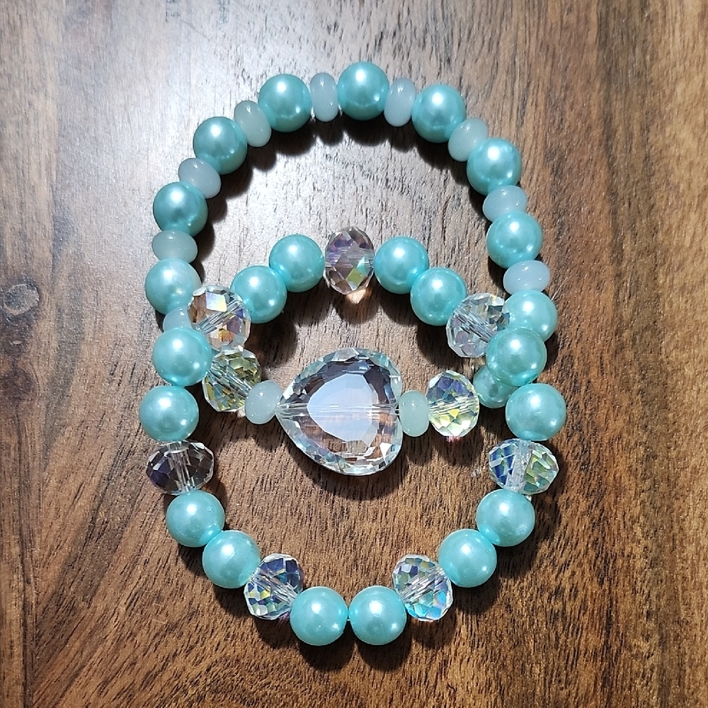 Hand Blue and Crystal Beaded Bracelet Set